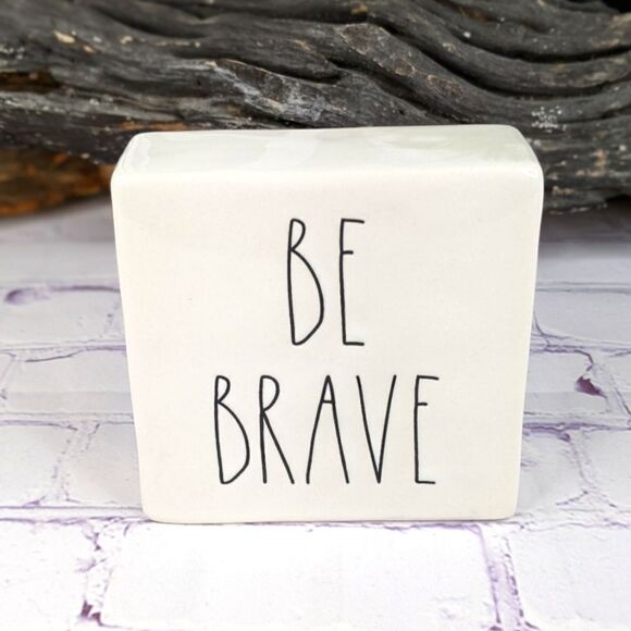 Rae Dunn WORK HARD / BE BRAVE Double-Sided Ceramic Plaque Desk Paperweight - Picture 3 of 7